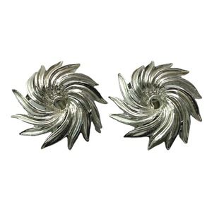 Vintage Signed Lisner Clip On‎ Earrings Silver Tone Swirl Round